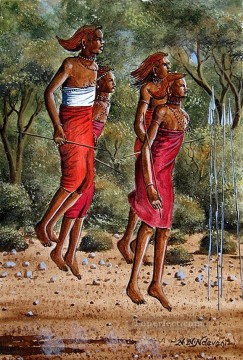 アフリカ人 Painting - アフリカの森の近くで踊るンデベニ・マサイ族モラ人
